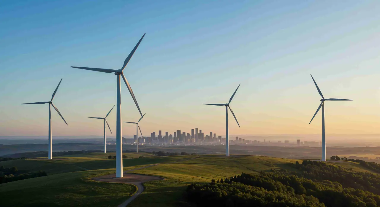Several wind turbines on open land with a city skyline at dusk in the distance